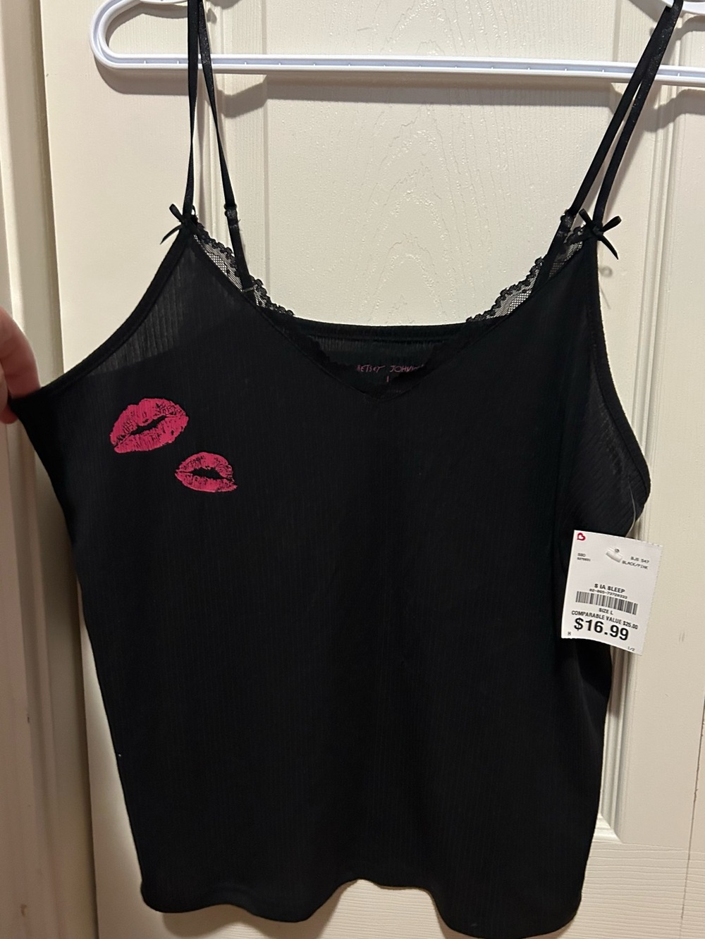 Betsey Johnson Black Cami Tank with Pink Lip Prints NWT